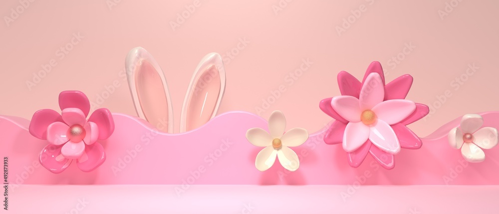 Easter holiday theme with decorations and rabbit ears - 3d render