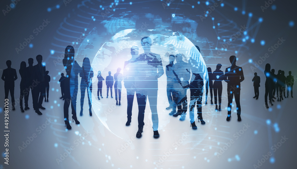 Backlit group of businesspeople standing on light background with glowing digital global network hol