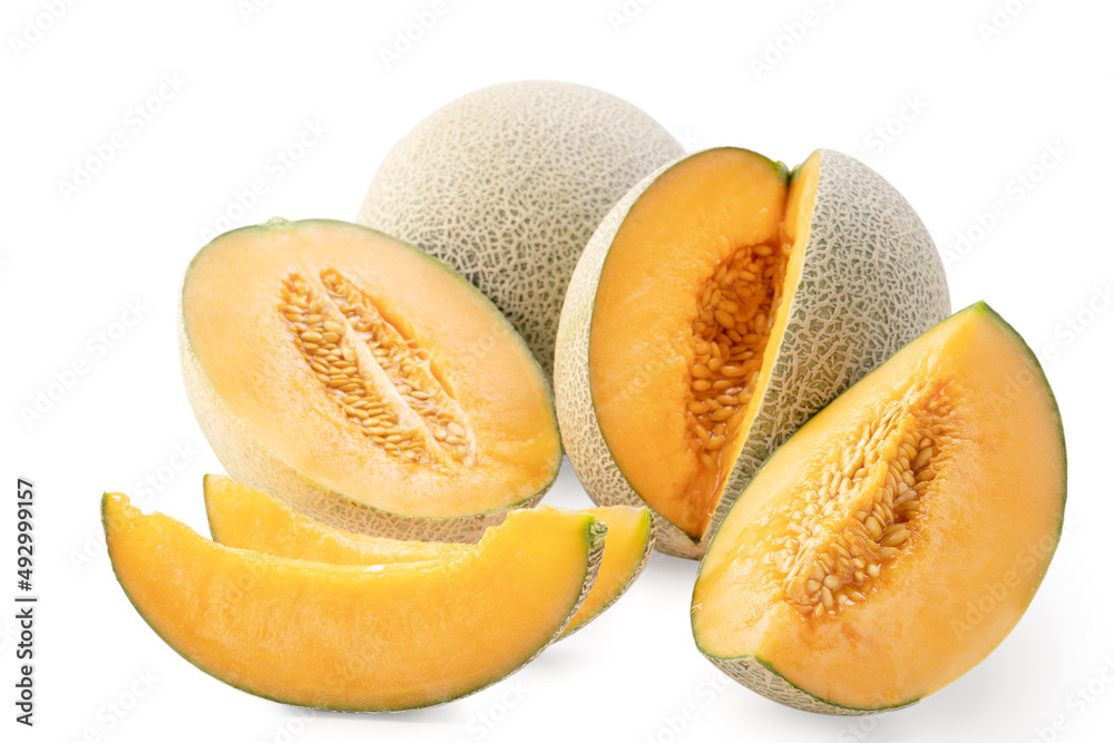 Beautiful slices cantaloupe isolated on white background.