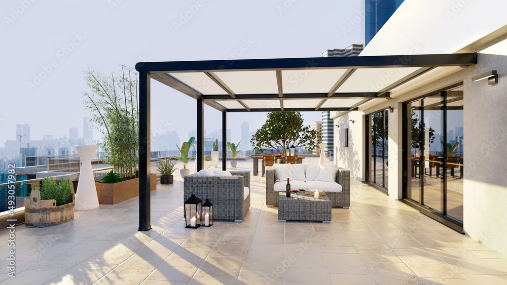 3D illustration of luxury top floor apartment terrace with pergola