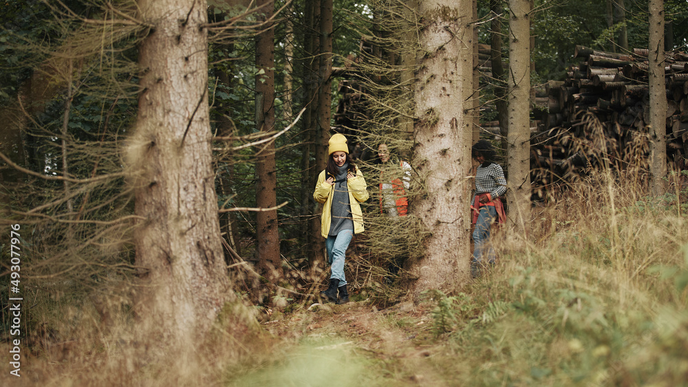 Friends hiking in a dense forest