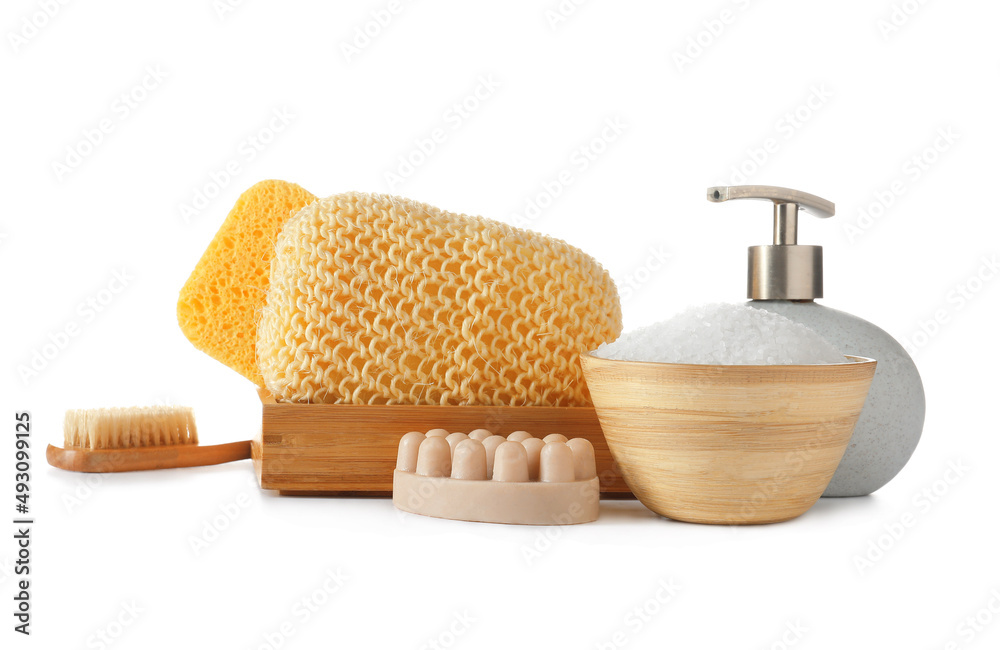 Set of bath supplies with sponge on white background