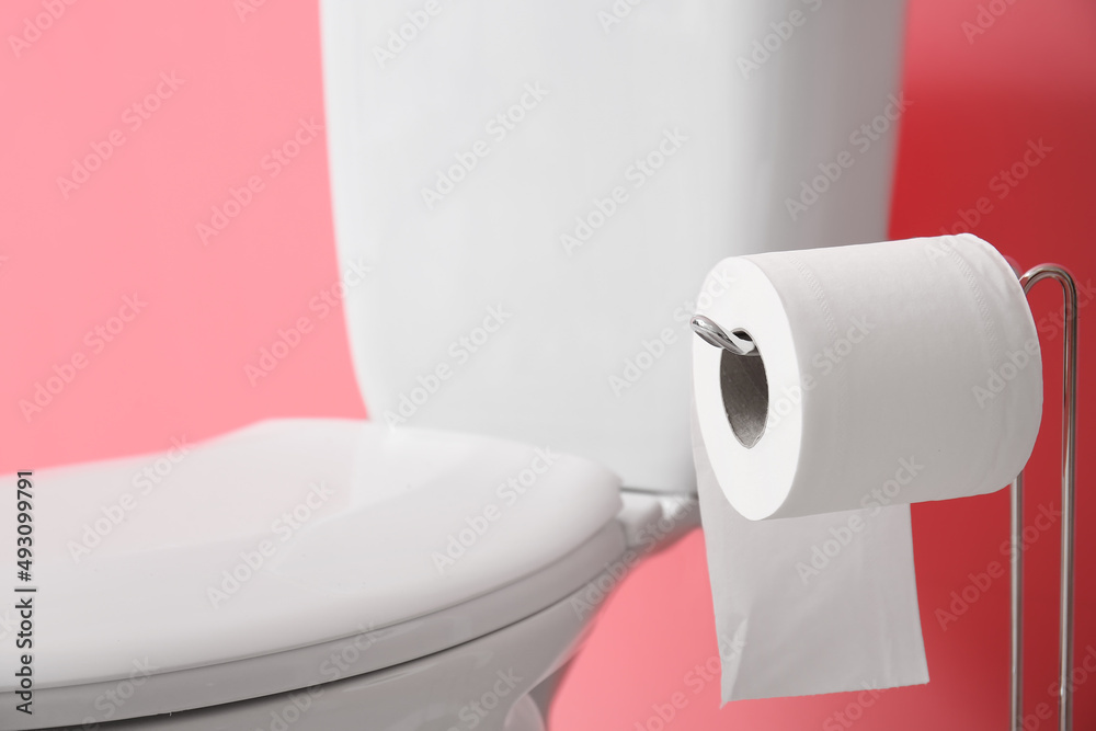 Holder with roll of paper and toilet bowl near pink wall, closeup