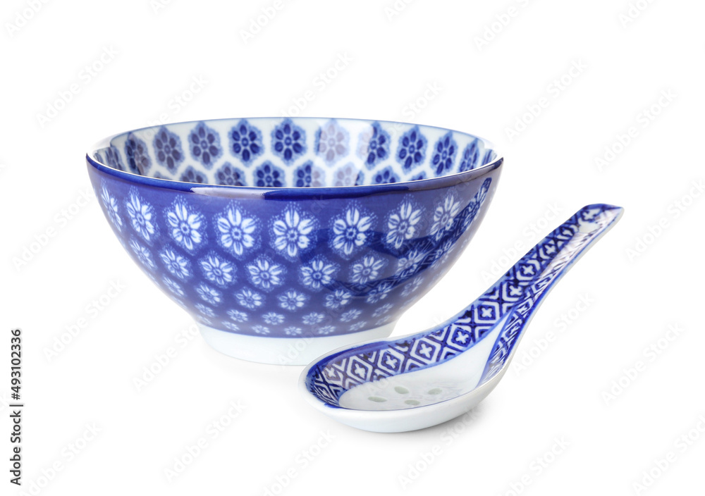 Chinese bowl with spoon on white background