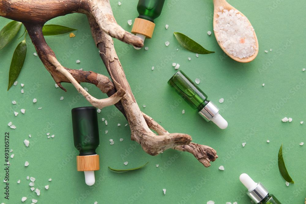 Set of natural cosmetics on color background