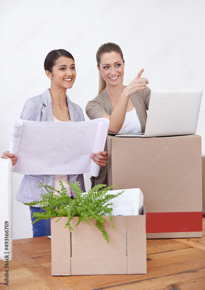 Setting up their new office. Two young female colleagues moving into their new office.