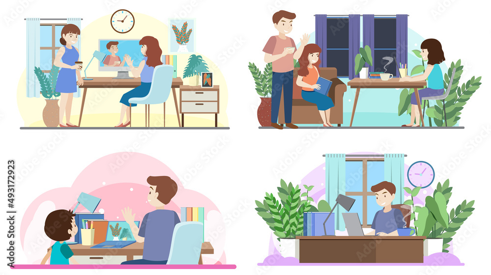 People working at coworking space simple flat design