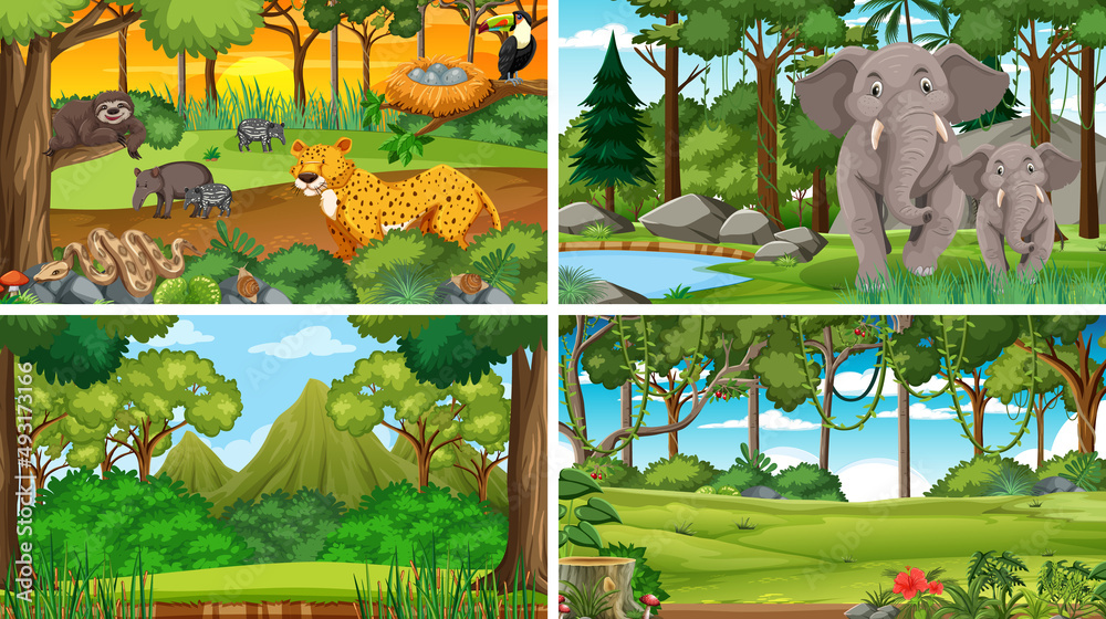 Set of nature scene with trees on mountains with Animal