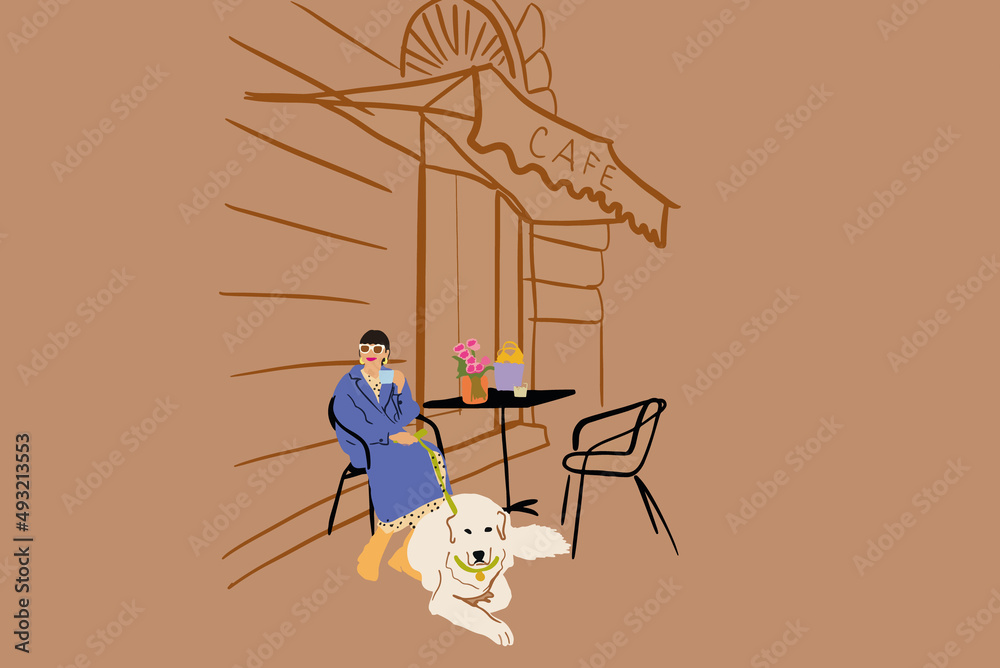 Young stylish woman sitting with her dog on a street at cafe terrace near the building. Concept of F