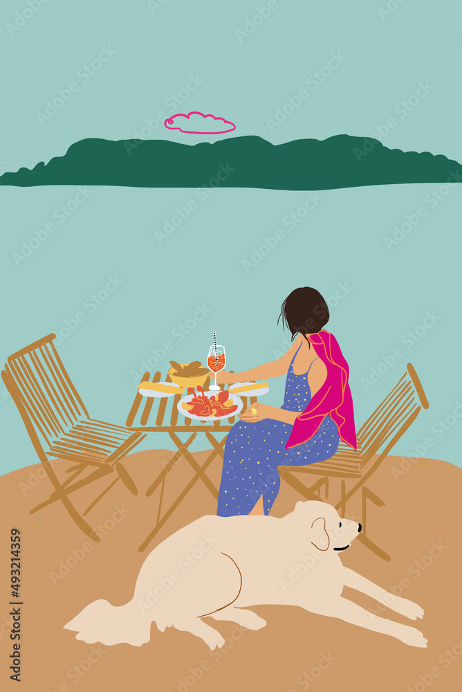 Woman enjoying beautiful seascape with island on background, sitting at the table with dog and havin