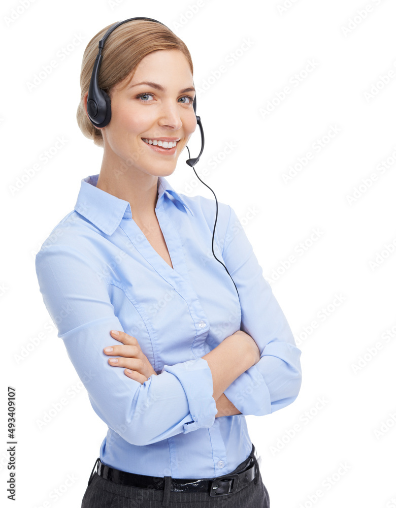 You can hear her smile over the phone. Portrait of an attractive young secretary wearing a headset.