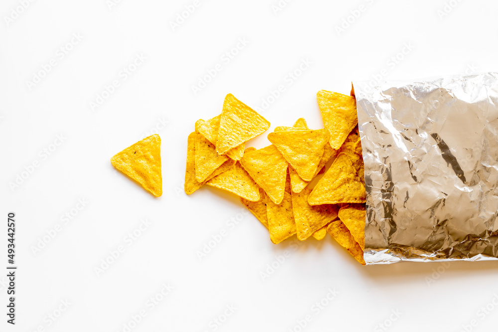 Snacks for party - bag of nachos chips. Top view