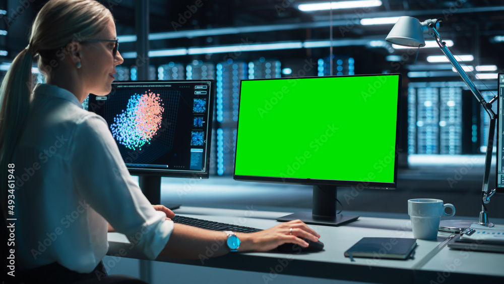 View Over the Shoulder of International Computer Scientist Develop Neural Network at her Workstation