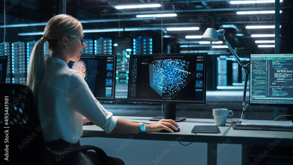 Blonde Woman Working on Her Computer with Display Shows Neural Network, Artificial Intelligence Simu