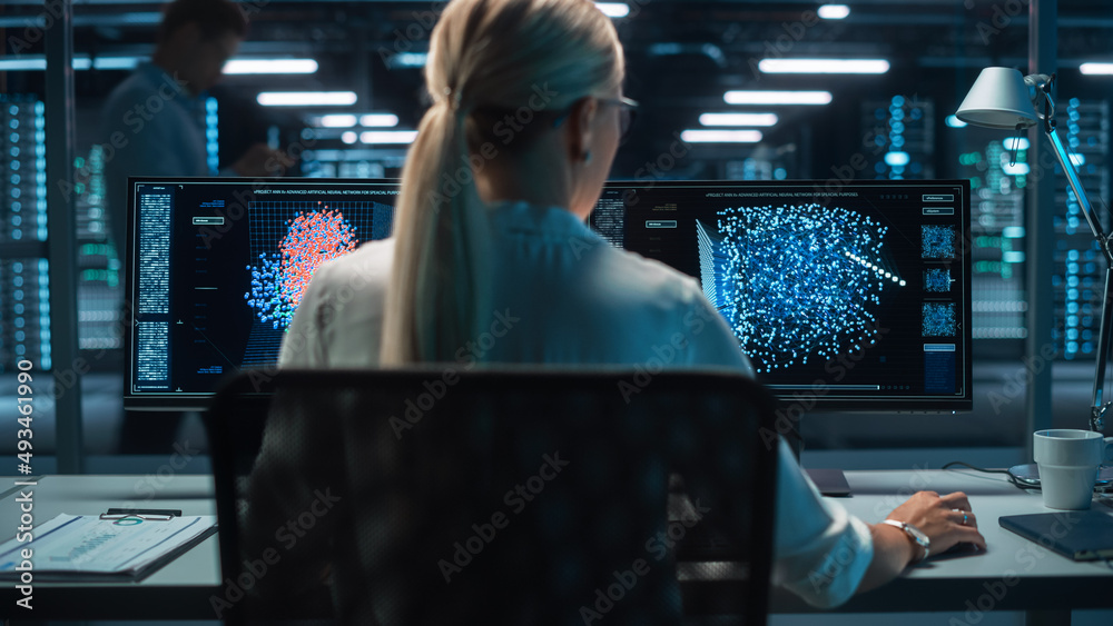 Portrait of Female Technical Operator Works with Display Showing Neural Network In the System Contro