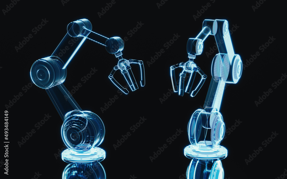 Holographic image of mechanical arm, futuristic element, 3d rendering.