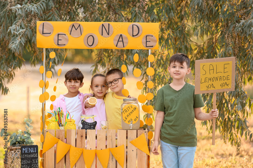 Cute children selling lemonade in park