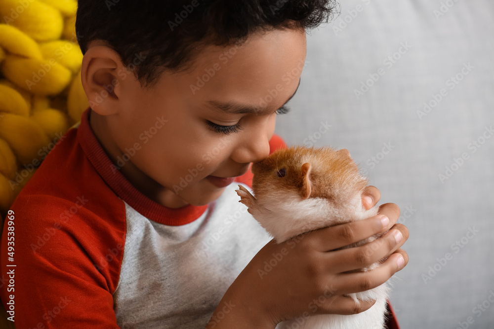 Little African-American boy with cute guinea pig on sofa at home