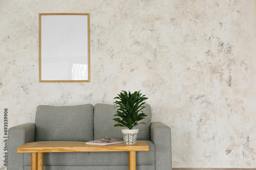 Interior of modern living room with stylish sofa, table and houseplant