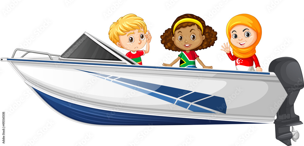 Christmas Boy and girl standing on a boat on a white background