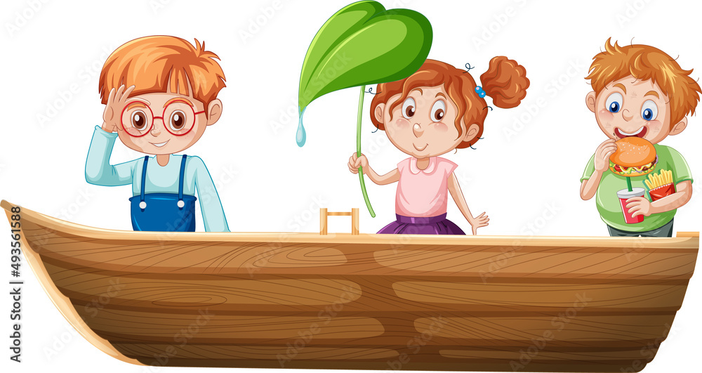 Boy and girl sitting on a boat on a white background