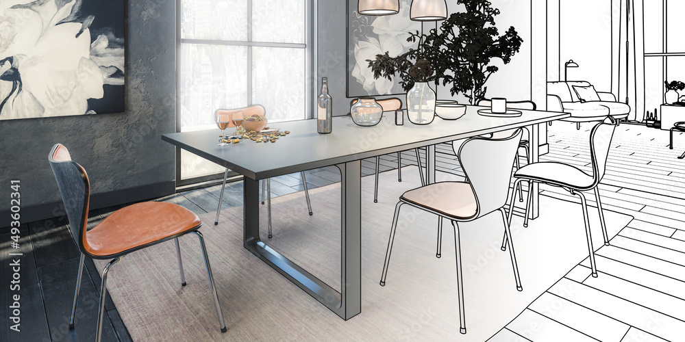 Table Group Inside a Loft Apartment (draft) - panoramic 3D Visualization