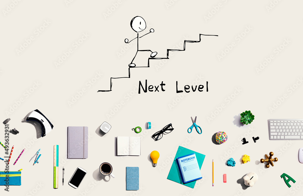 Next level concept with collection of electronic gadgets and office supplies