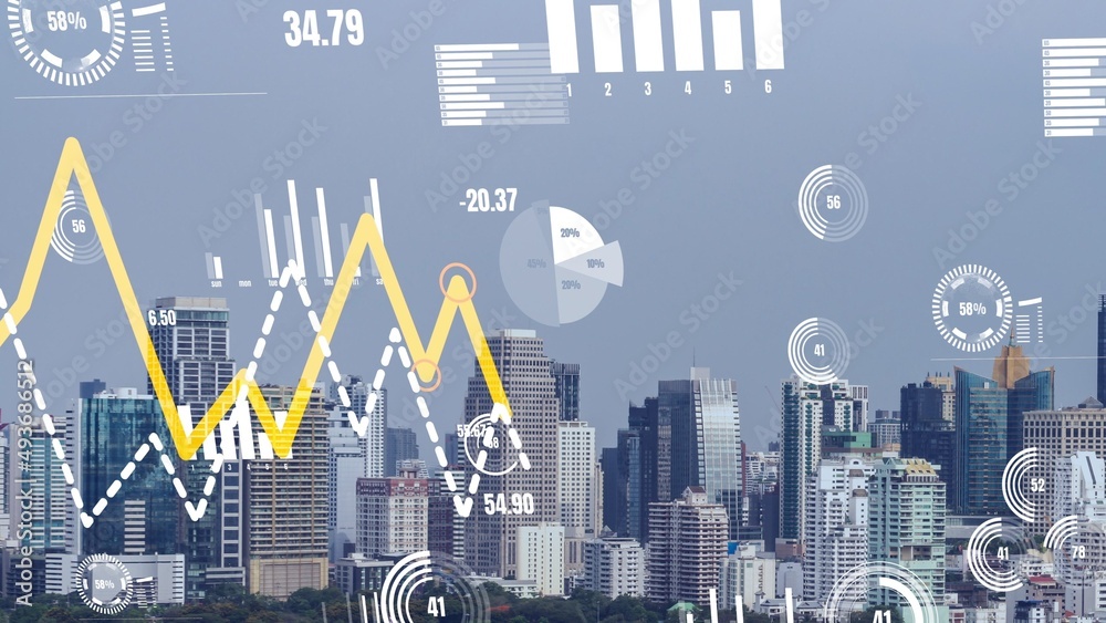 Business data analytic interface fly over smart city showing alteration future of business intellige