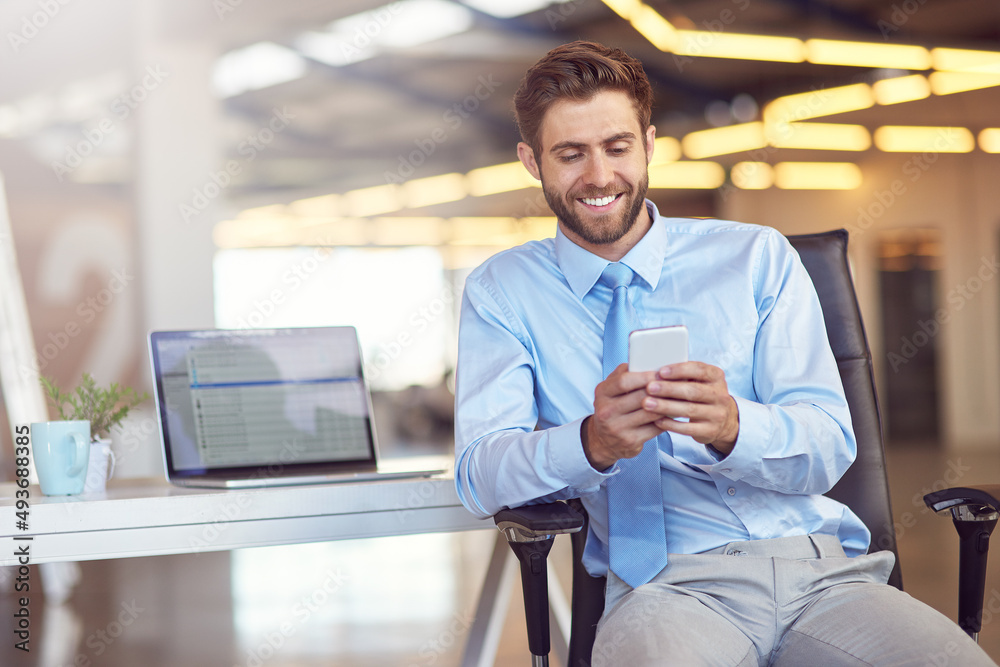 Instantly connected to his clients. Shot of a young businessman using his phone in the office.