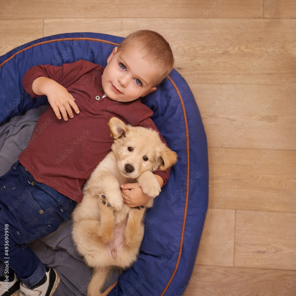 The best friend you can get. An adorable little boy with his puppy at home.