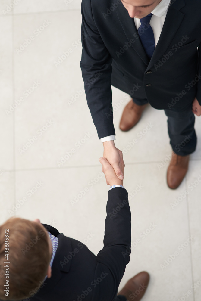 I look forward to collaborating together. Shot of two businesspeople shaking hands in an office.