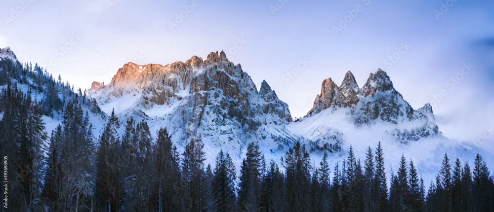 Beautiful winter scenery landscape and snow frosted mountain background in dolomites mountain during