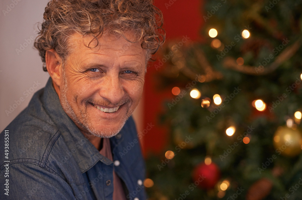 This is my favourite time of year. Portrait of a mature man sitting beside a Christmas tree.