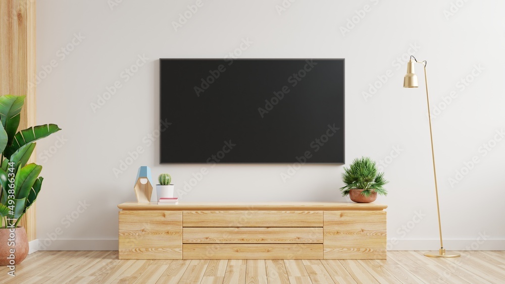 TV on the cabinet in modern living room with plant on white wall background.