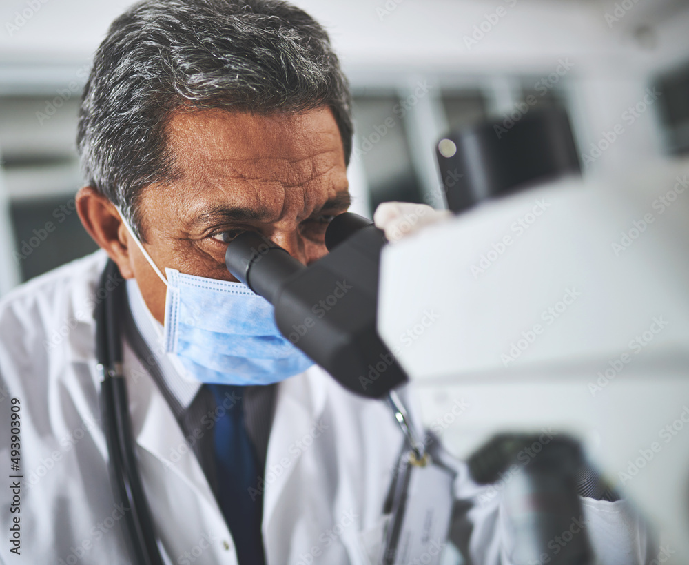 Monitoring developments in medicine. Shot of a mature scientist using a microscope in a laboratory.