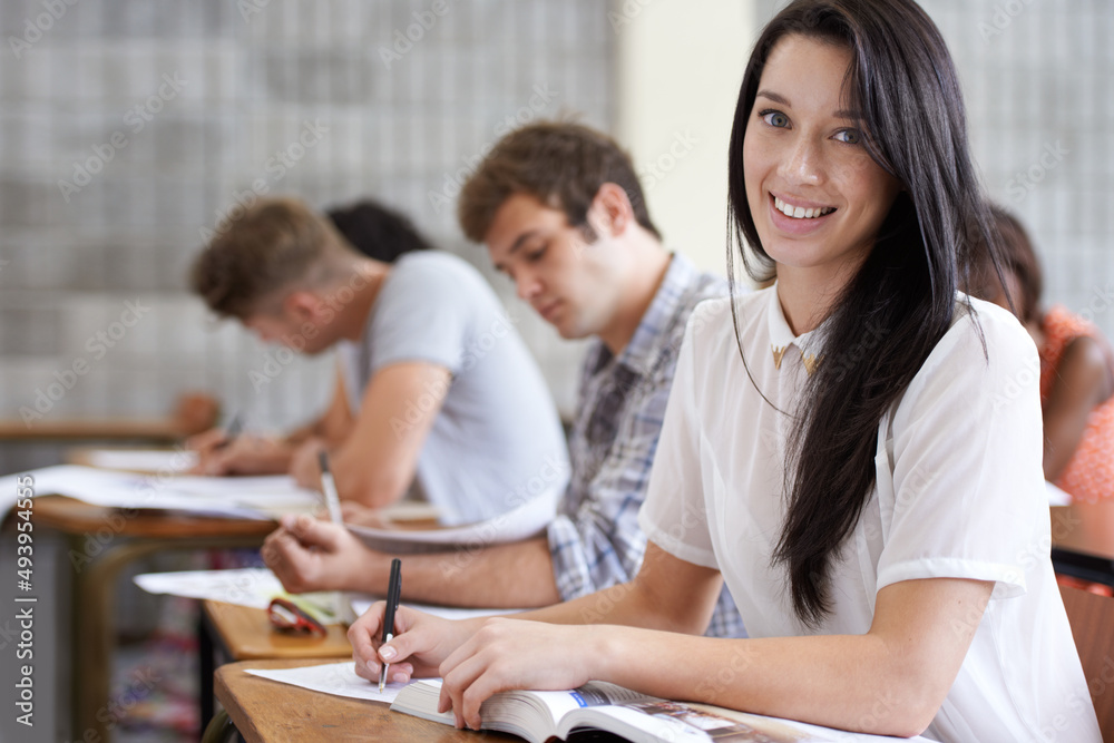 Aiming for an A. Shot of an attractive young college student studying in class.