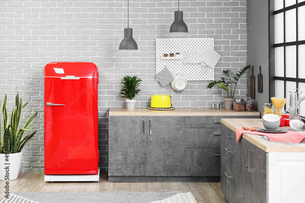 Interior of modern kitchen with counters, houseplants and stylish refrigerator