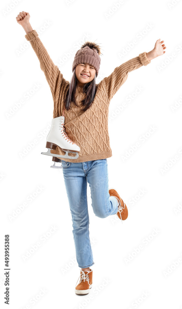 Happy little Asian girl in warm clothes with ice skates on white background