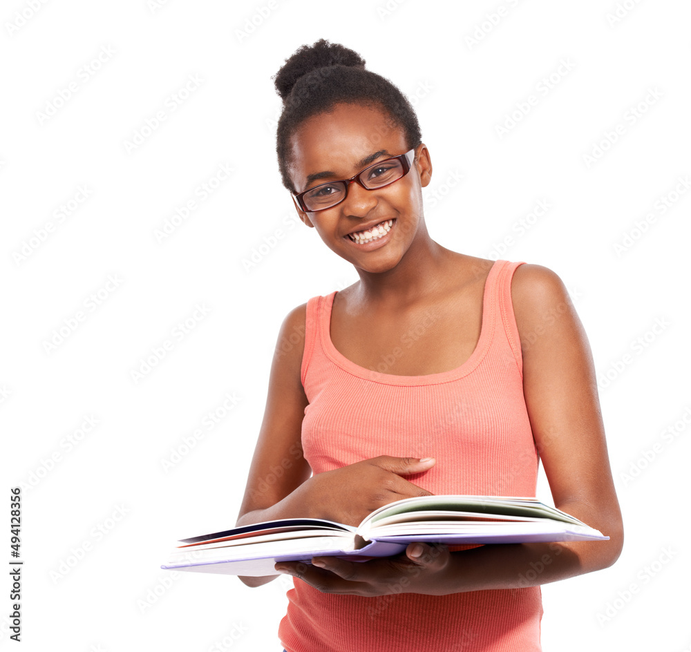 I love studying. Studio portrait of a young african american girl reading a book and wearing glasses