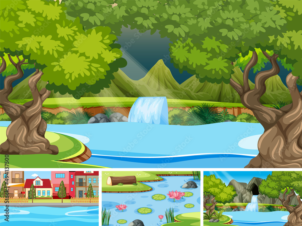 Nature scene with many trees and waterfall