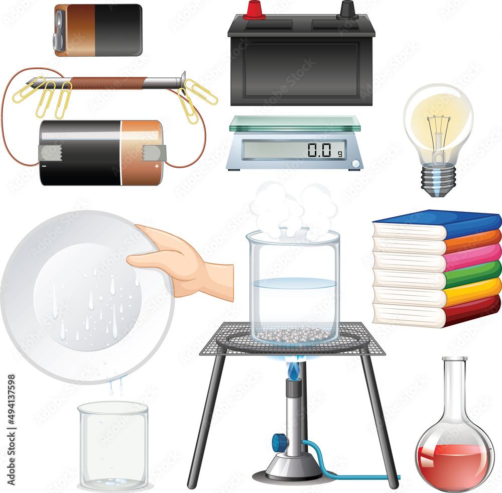 Many science equipments on white background