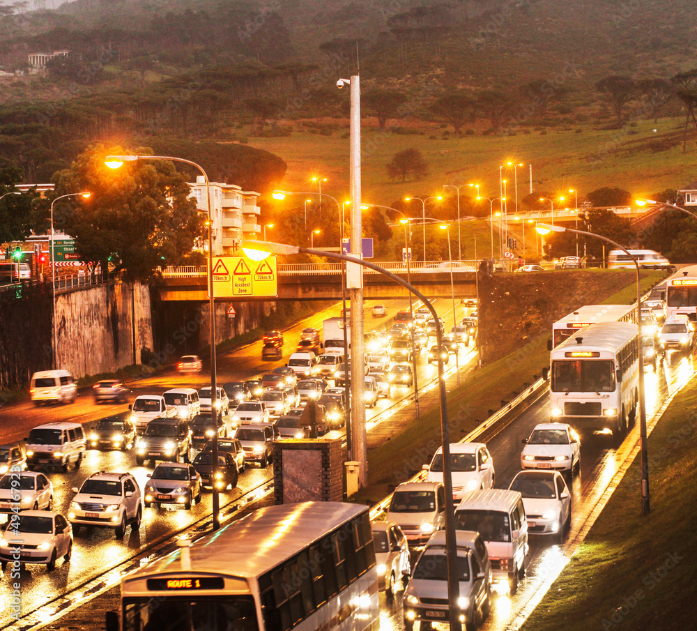 Slow going during rush hour. Shot of a traffic on the motorway.