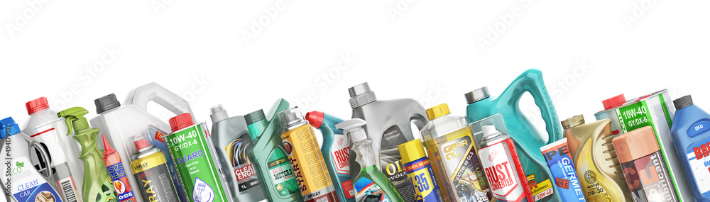 Different Bottles of car maintenance products on a white background. Oil, detergents and lubricants.