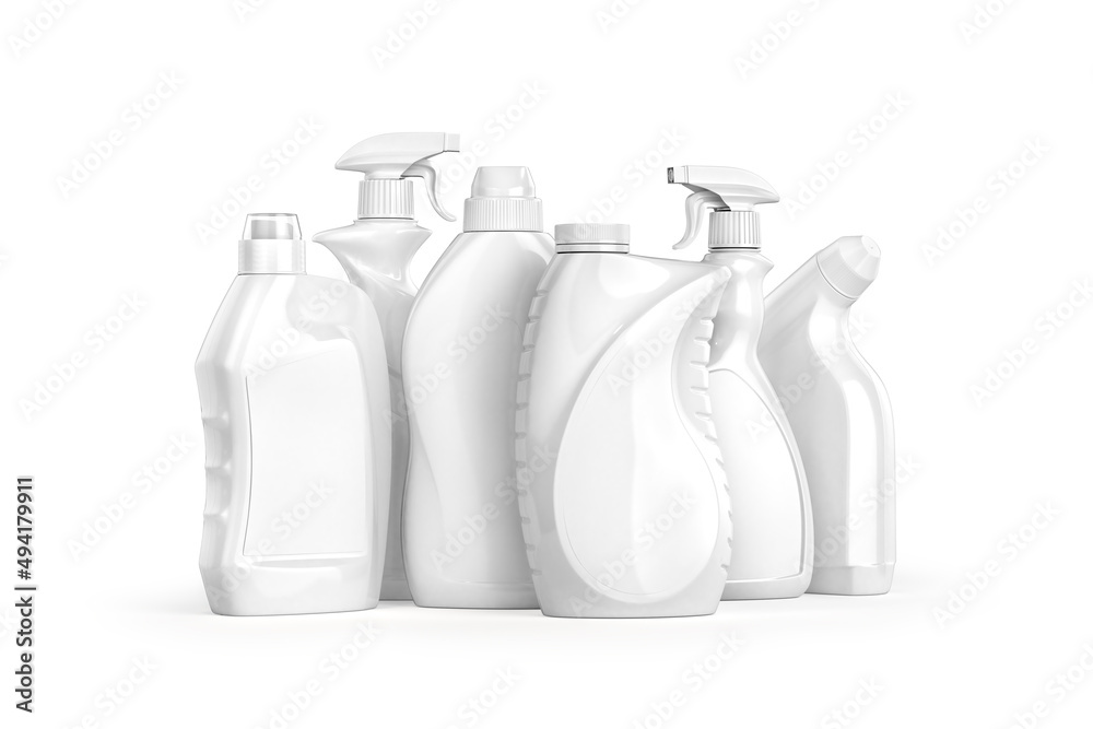 Different white detergents bottles on a white background. 3d illustration