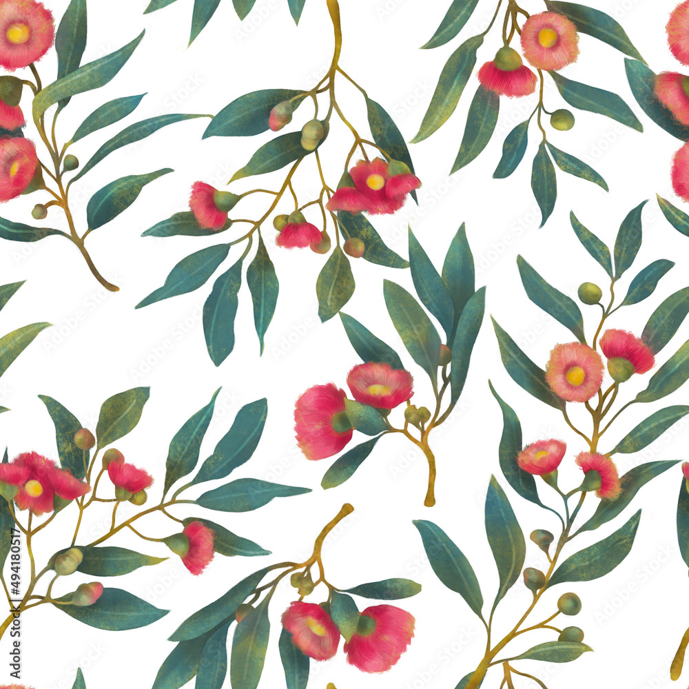 Seamless Repeat Pattern Hand Painted Watercolor Flowering Gum Eucalyptus Floral Leaves