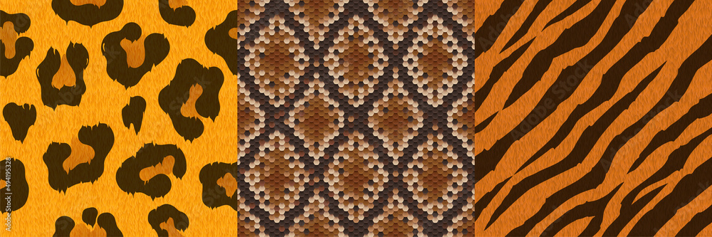 Textures of leopard, tiger and snake skin. Seamless patterns with african animals leather for textil