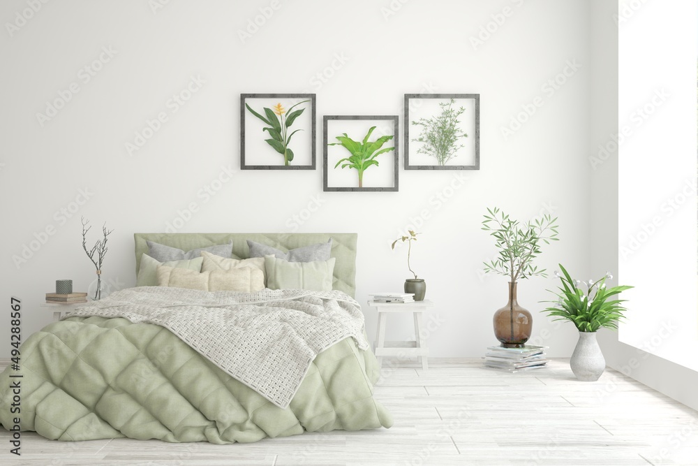 Soft color bedroom interior. Scandinavian design. 3D illustration