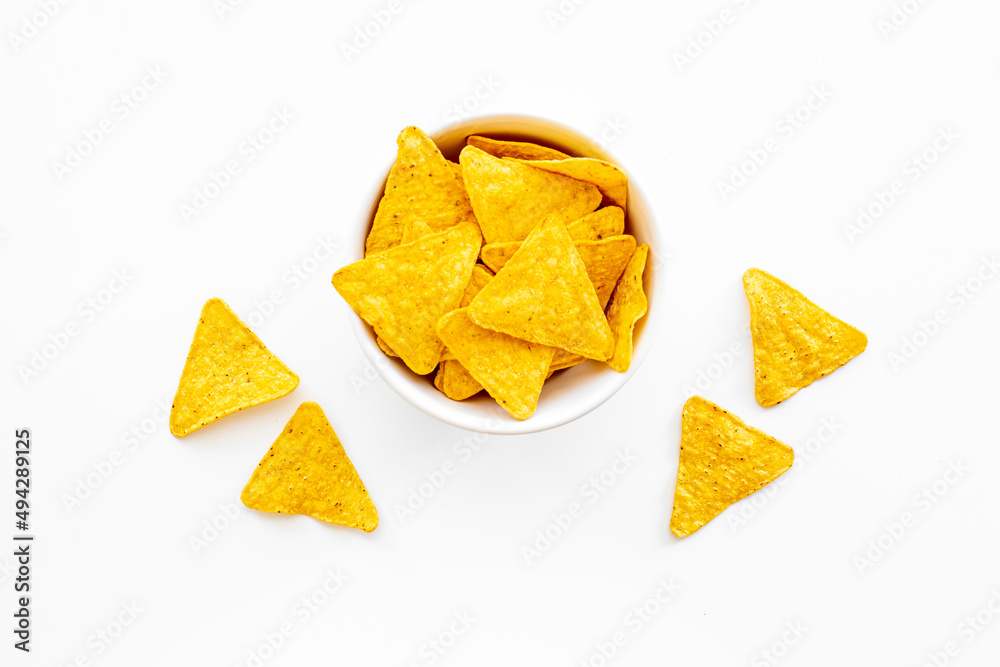 Mexican food nachos chips in bowl top view