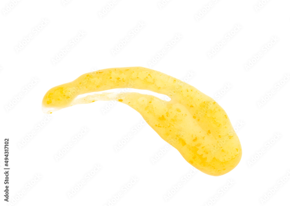 Smear of delicious orange jam on white background