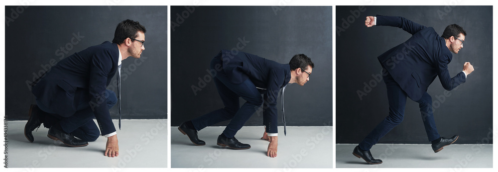 Hell be the first to the finish. Sequence shot of a businessman running from a crouched position aga